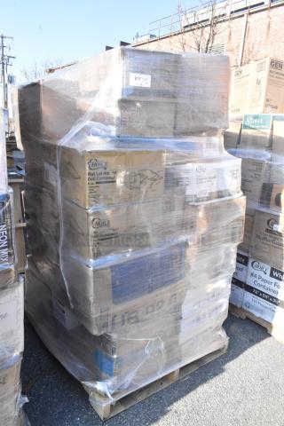 Pallet of 42 brand new scratch and dent items, including paper towels, packaging pouches, and napkins, wrapped in plastic.