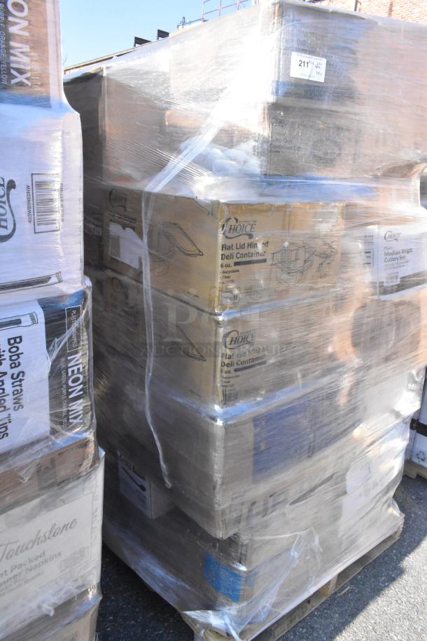 Pallet of assorted scratch and dent items including Choice deli containers, paper towels, pouches, and napkins, shrink-wrapped.