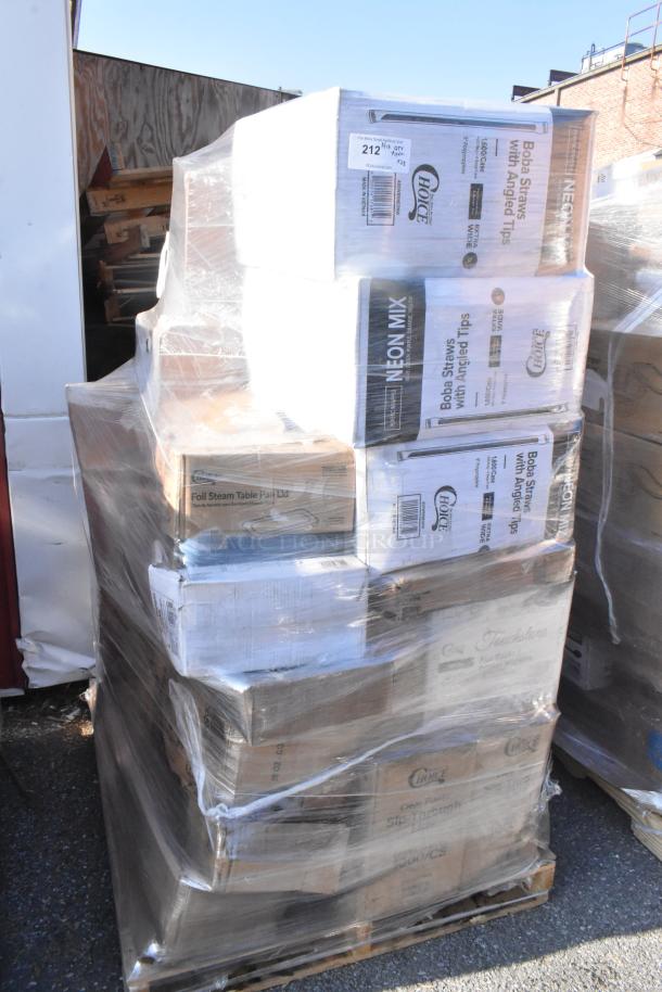 Pallet with boxes of assorted new scratch and dent items: lids, napkins, teaspoons, butcher paper. Some Choice brand visible.