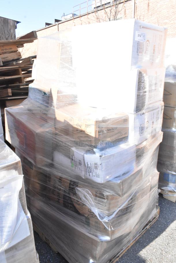 Pallet of 23 scratch and dent items including lids, napkins, teaspoons, butcher paper; brand new, wrapped in plastic.