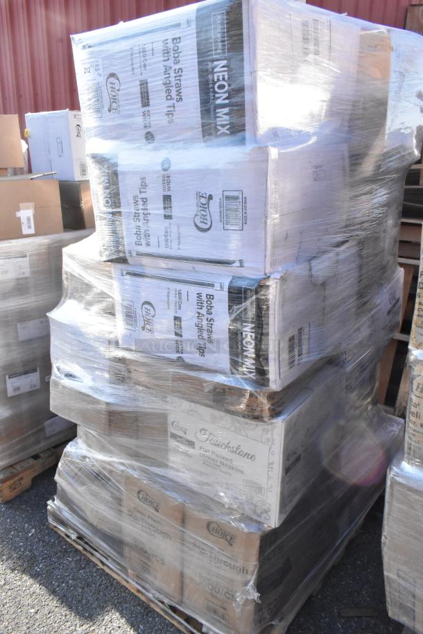 Pallet of 23 brand new scratch and dent boxes with lids, napkins, teaspoons, and butcher paper, wrapped for shipping.