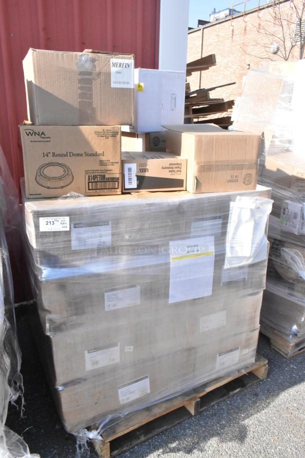 Pallet of assorted boxes containing 25 new scratch and dent items, including hammered mule mugs. Labels show brands and item details.