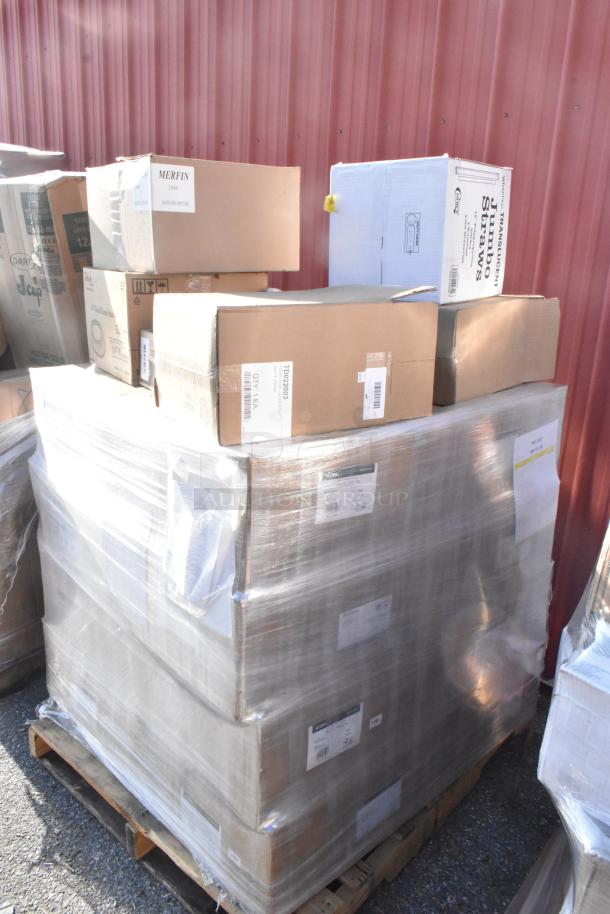 Pallet with 25 new scratch and dent items, includes boxes labeled MERFIN and jumbo straws; wrapped and ready for auction.