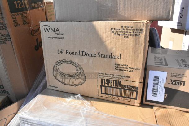 Box of WNA 14" Round Dome Standard Lids, 25 count, made in USA, model A14PETDM, new condition, barcode visible.