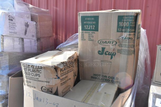 Boxes of plastic cutlery packs and insulated cups, some with visible wear. "Choice" and "Dart" brands; contents 1000/case.