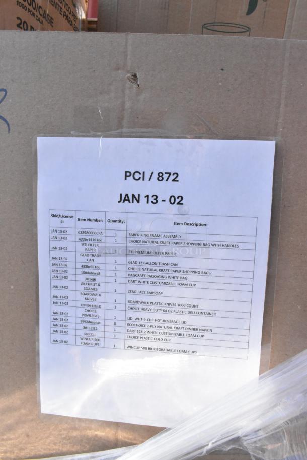 Box of 16 new scratch and dent items, including knives, white bags, foam cups. Visible list with item details on label.