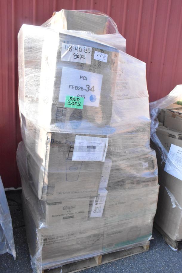 Pallet of 36 scratch and dent items including food cups, dessert board, gloves, and hot cups. Visible labels: PCI, FEB26-34.