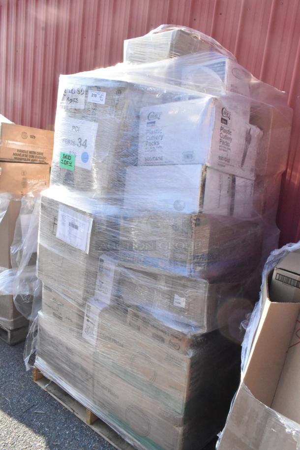 Pallet with 36 new scratch and dent boxes, including food cups, dessert board, gloves, hot cups. Tags read "FEB26-34."