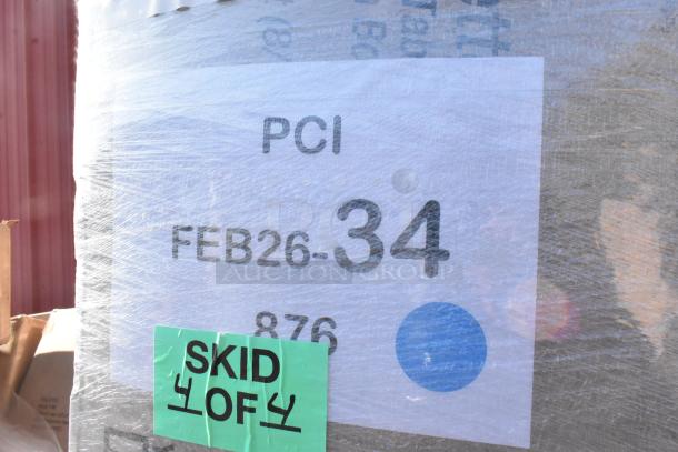 Skid containing 36 brand new items labeled FEB26-34, includes food cups, dessert board, gloves, and hot cups.