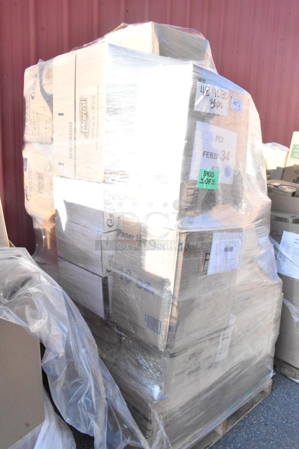 Pallet with boxes labeled "Marcal" and "Paper Hot Cups." Contains 36 scratch and dent items. Marked "FEB26-34" and "SKID 4 OF 4."