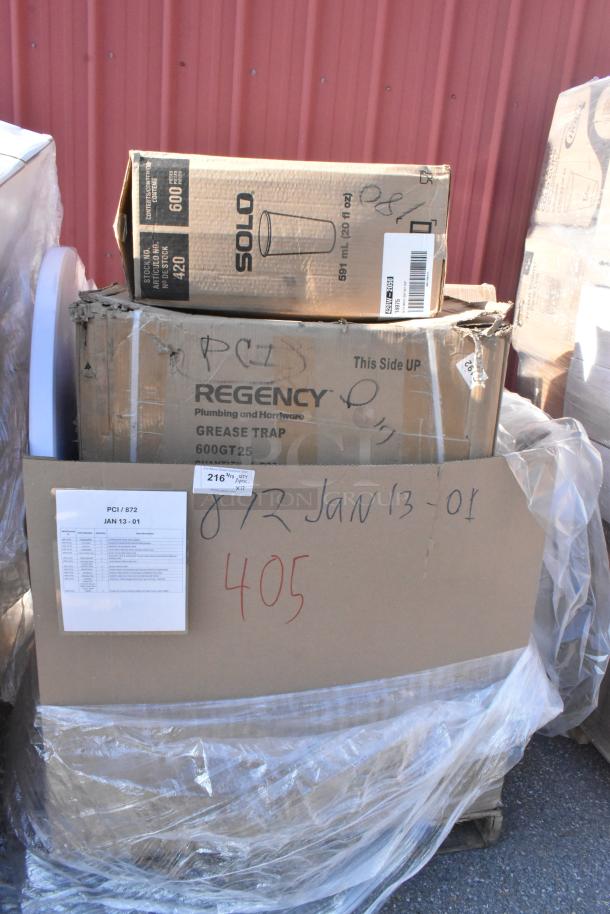 13 new scratch and dent items including Regency grease trap, Solo box, labeled "JAN13-01," sealed packaging, various items.