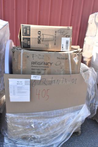 13 new scratch and dent items including Regency grease trap, Solo box, labeled "JAN13-01," sealed packaging, various items.
