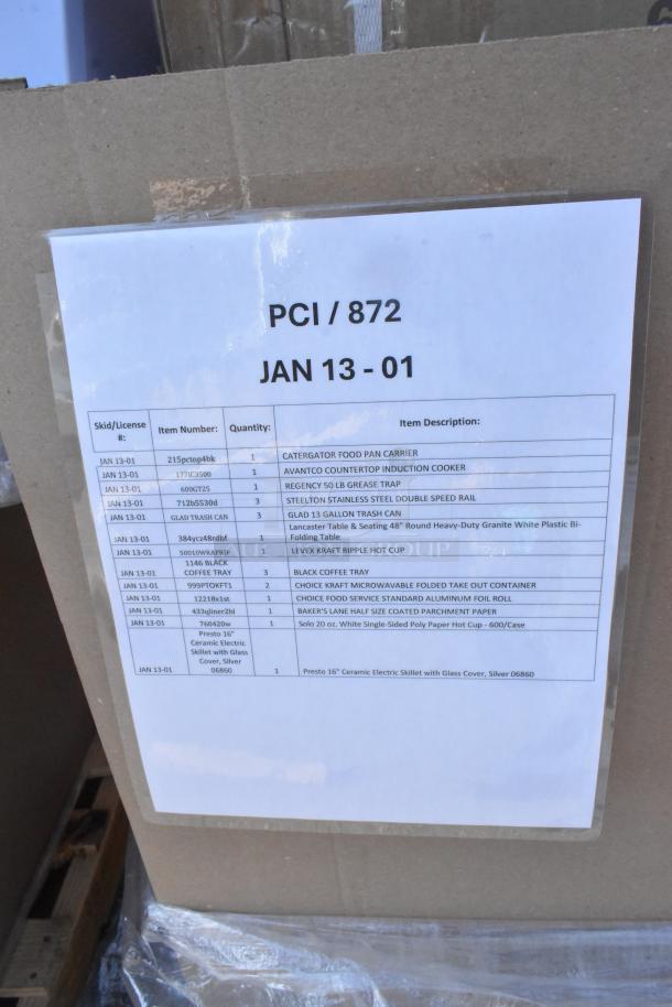 13 new scratch and dent items list, including grease trap and trash can. Lot JAN13-01. Item details and quantities visible.