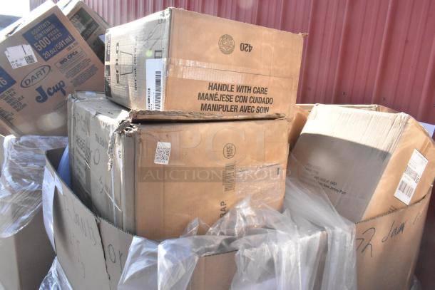 Boxes of 13 brand new scratch and dent items, including a grease trap and trash can, with visible labels and barcodes.