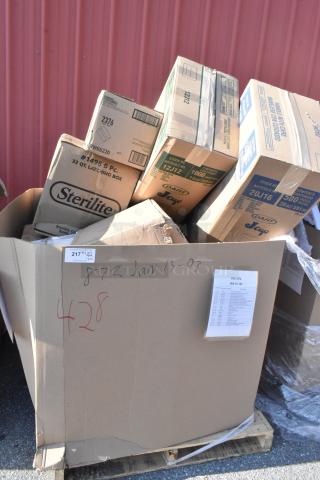 Bulk lot of 22 brand new scratch and dent items, includes grease trap, speed rail, sheet pans. Box with assorted product boxes.