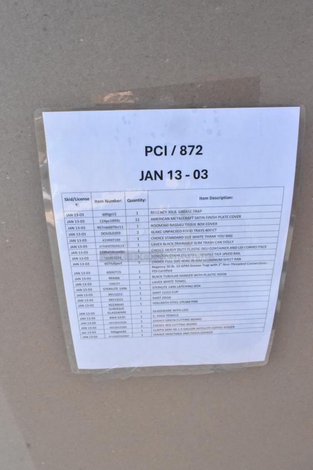Auction item list showing 22 brand new scratch and dent items, including Regency grease trap, speed rail, sheet pan.