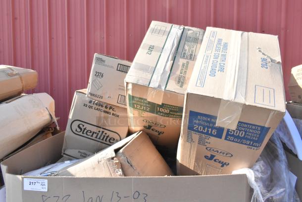 Boxes labeled Sterilite and Dart, containing 22 new scratch and dent items including grease trap, speed rail, and sheet pan.
