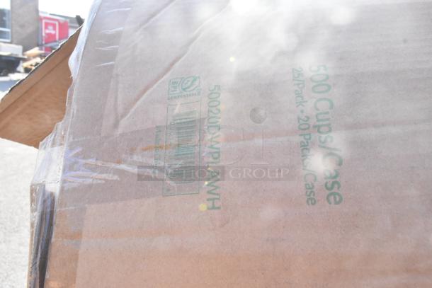 Cardboard box labeled for 500 compostable cups. Box shows signs of handling and tape.