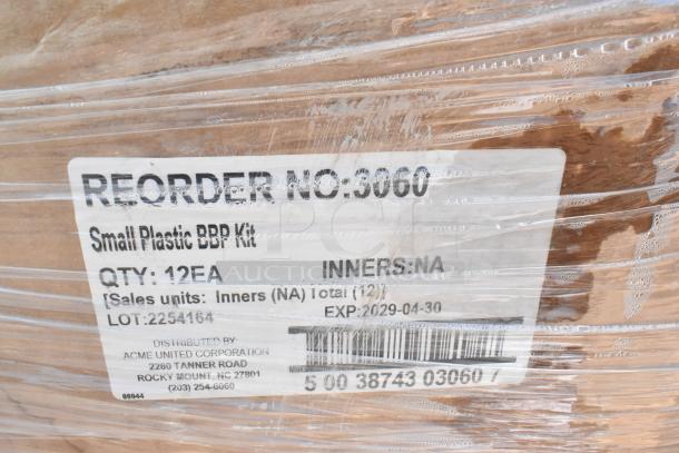 Box labeled "Small Plastic BBP Kit," 12 units, lot 2254164, exp. 2029-04-30. Wrapped in plastic. Distributed by Acme United Corp.