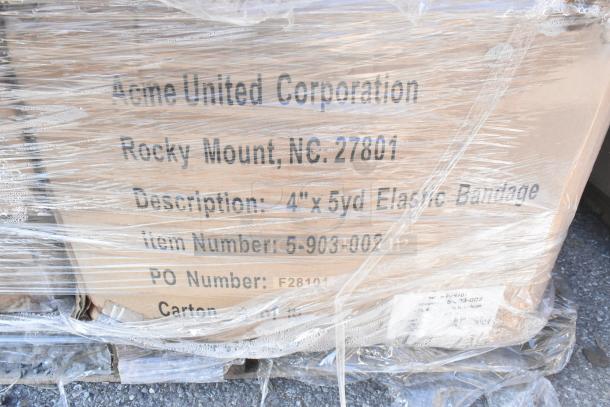Pallet with boxes labeled "Acme United Corporation," containing 4"x5yd elastic bandages, item number 5-903-002, mint condition.