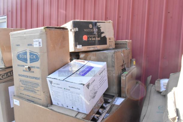 Boxes of 14 new scratch and dent items, including Bobrick dispenser and dish table, visible labels, auctioned as-is.