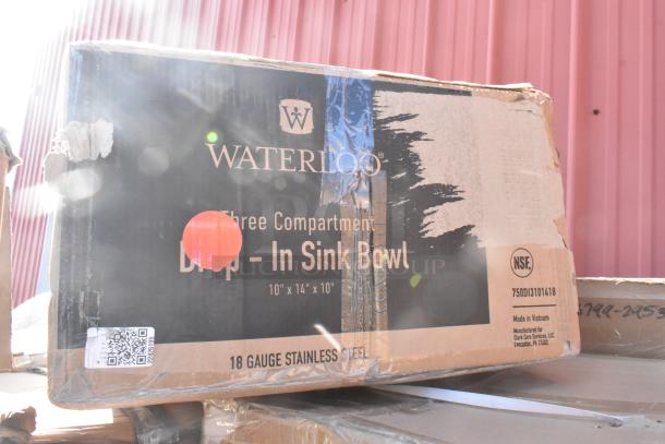 Boxed Waterloo three-compartment drop-in sink bowl, 18 gauge stainless steel, NSF certified, slight box damage.