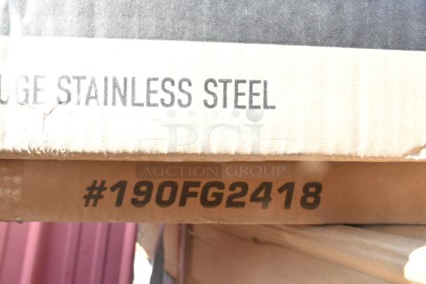 Cardboard box labeled "GAUGE STAINLESS STEEL" and "#190FG2418"; contains new scratch and dent items.