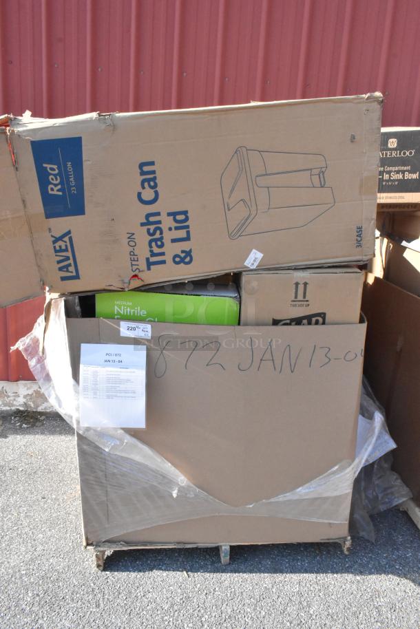Cardboard boxes containing 12 brand new scratch and dent items including an Avex step-on trash can, plates, and nitrile gloves. Visible labels: "AVEX Red," and "Jan13-04."