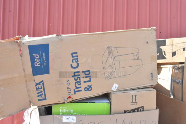 12 brand new scratch and dent items including Lavex 23-gallon red step-on trash can, nitrile gloves, and plates.