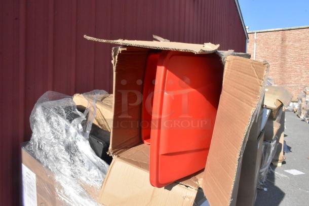 Cardboard box with red container and wrapped items, showing scratch and dent condition, outside a building.