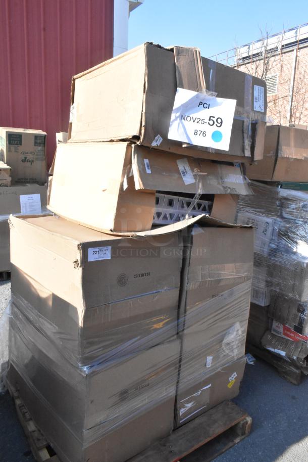 Stack of boxes labeled "NOV25-59" containing six brand new scratch and dent items, including a trash can and broom handle.
