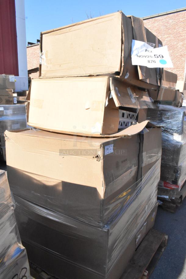 Large stack of cardboard boxes on a pallet labeled "Lot NOV25-59 876." Items include new, scratch and dent household goods.
