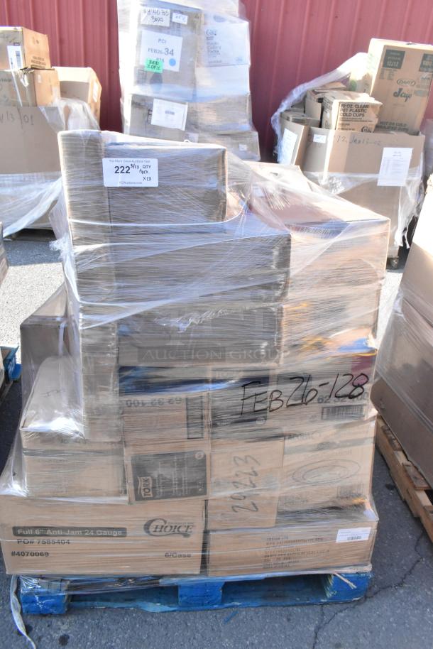 Pallet of 28 brand new scratch and dent items, including pasta bowls, shelf, table, pizza pan. Box labeled FEB26-128.