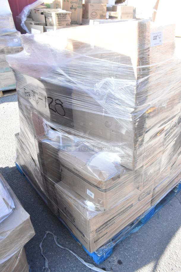 Pallet with 28 new, scratch and dent items including pasta bowls and pizza pans, wrapped in plastic. Marked "FEB26-128".