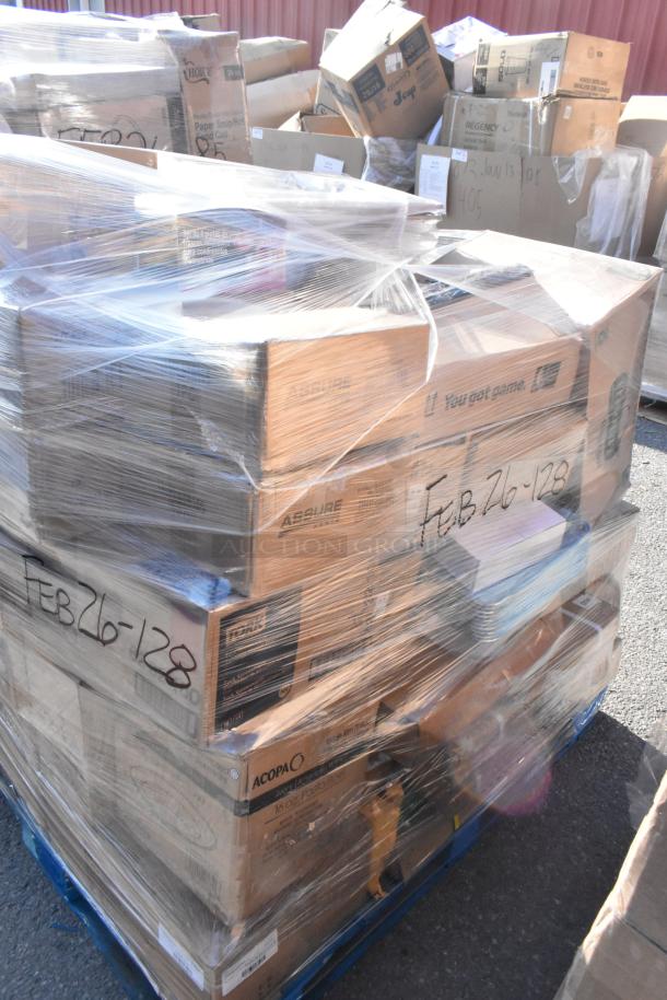 Pallet with 28 new scratch and dent items in boxes, including pasta bowls and pizza pan. Marked "FEB26-128".