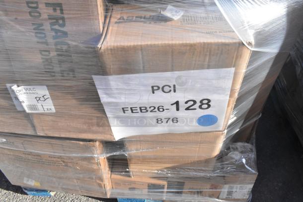 Pallet with 28 scratch and dent items: pasta bowls, shelf, table, pizza pan. Labeled "PCI FEB26-128 876."