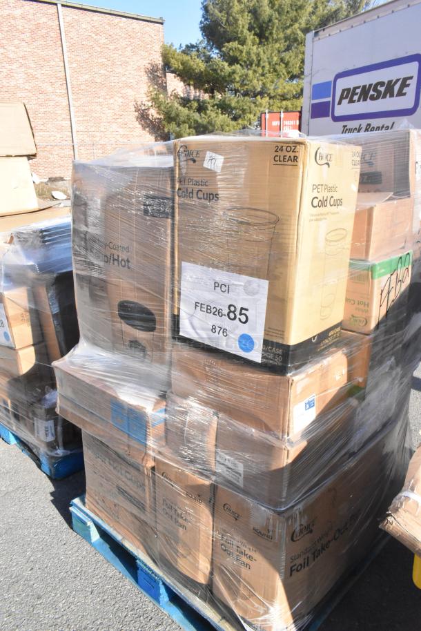 Pallet of 28 new scratch and dent items, including plates, plastic cold cups, lids, and bags. Tagged FEB26-85.