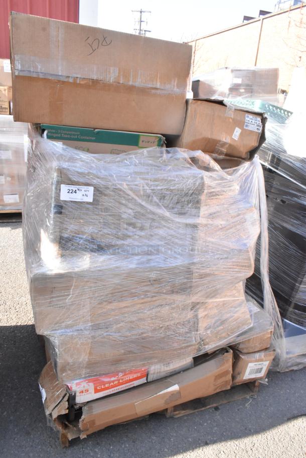 Pallet of 26 scratch and dent items, including boxes of pouches and containers, wrapped in plastic. Labels are visible.