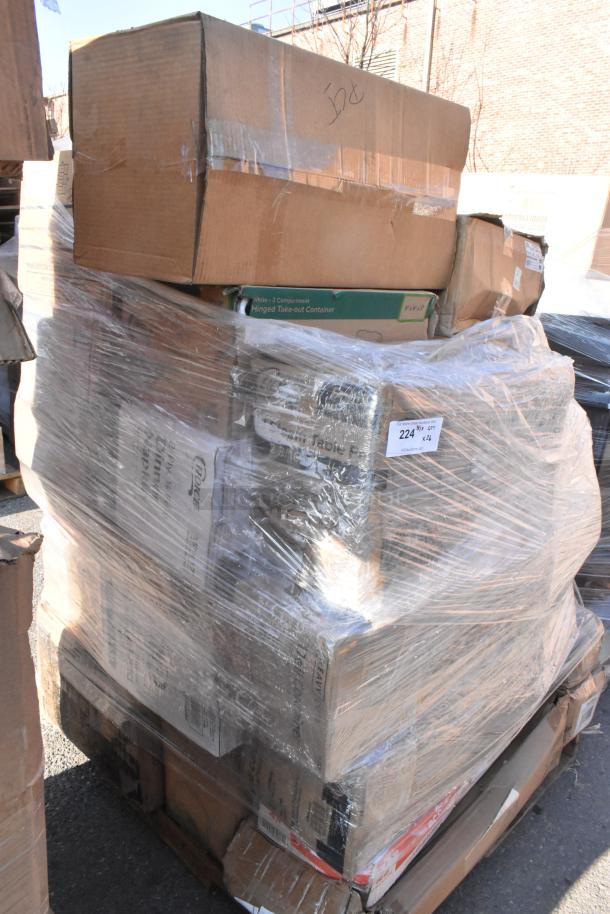 Pallet of 26 brand new scratch and dent items, including pouches and containers, wrapped in plastic with visible shipping labels.