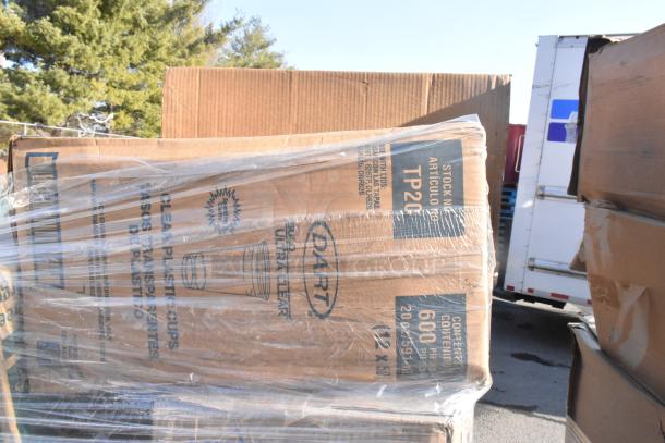 26 brand new scratch and dent items, including pouches and containers. Boxes labeled Dart Ultra Clear with stock number TP20.