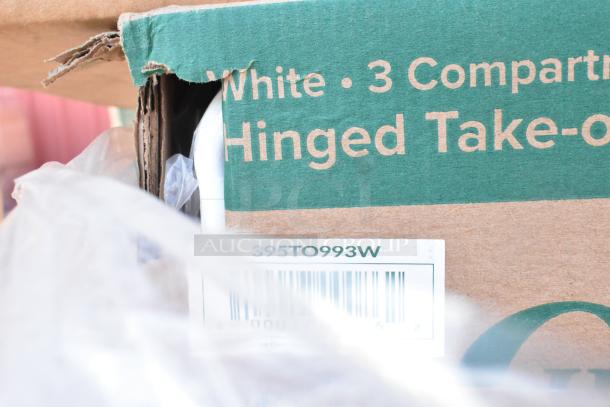 26 items, new with scratches, including pouches and containers. Box shows “White · 3 Compartment Hinged Take-out” and code 395TO993W.