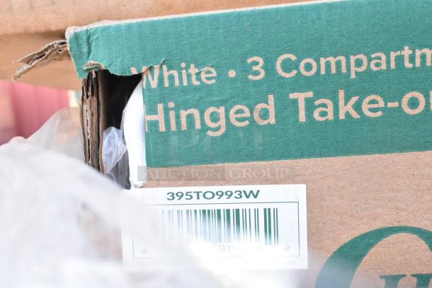 Close-up of a cardboard box labeled "White 3 Compartment Hinged Take-out" with a barcode "395TO993W." Slight damage visible.