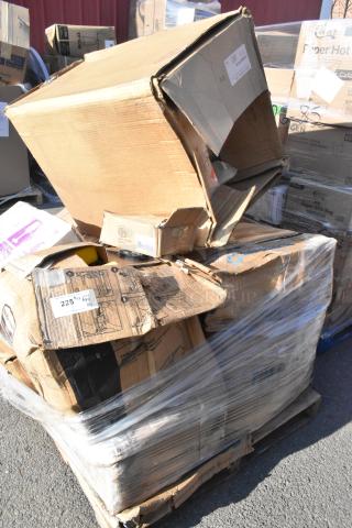 Pallet with 12 scratch and dent items in damaged boxes, includes partition, ingredient bin, and mop bucket, wrapped in plastic.