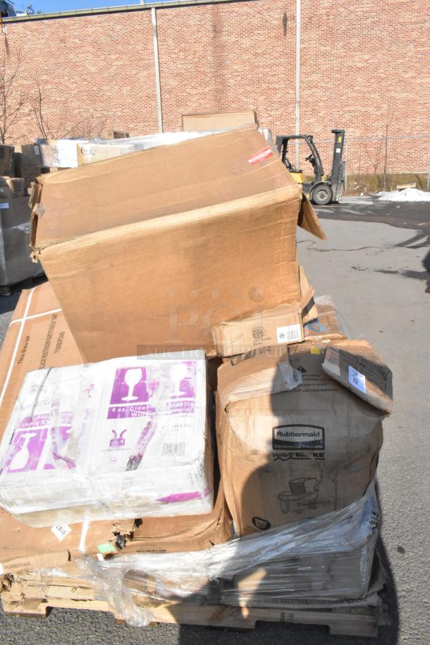 Pallet with 12 new scratch and dent items, including Rubbermaid mop bucket, ingredient bin, and partition in shipping boxes.