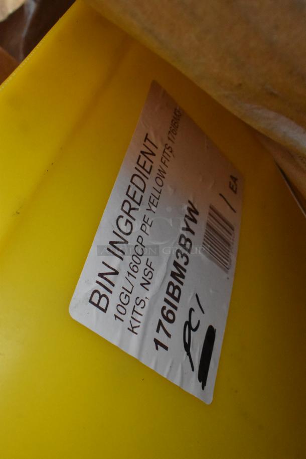 Yellow ingredient bin with label. Marked 10GL/160CCP, PE Yellow, fits 176BASE, NSF certified, part number 176IBM3BYW. Scratched.
