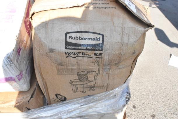 Rubbermaid WaveBrake mop bucket carton showing commercial branding; includes scratch and dent items like partitions and ingredient bins.