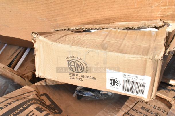 Cardboard box labeled "American Metalcraft," item #UPLR10MO, with a barcode. Contains 4 serving platters.