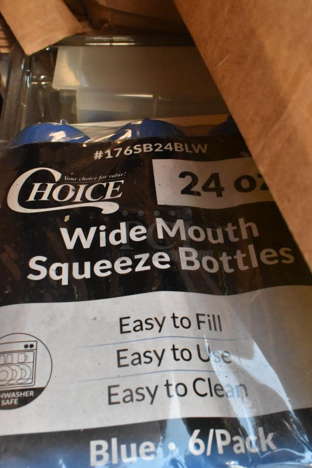 Choice 24 oz wide mouth squeeze bottles pack. Features: easy to fill, use, clean. Dishwasher safe, blue, 6 pack.