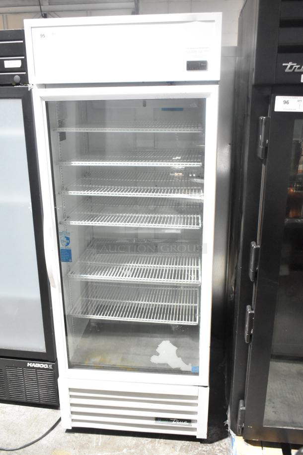 2021 True TSCI-600R-G-PH single door reach-in cooler, glass front, multiple shelves, 115V, well-maintained condition.