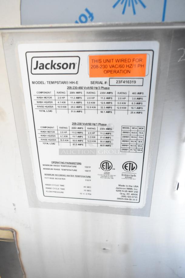 2023 Jackson TempStar HH-E Dishwasher label shows specifications for 208/230V, 1 phase use; includes wash cycle times and temperatures.